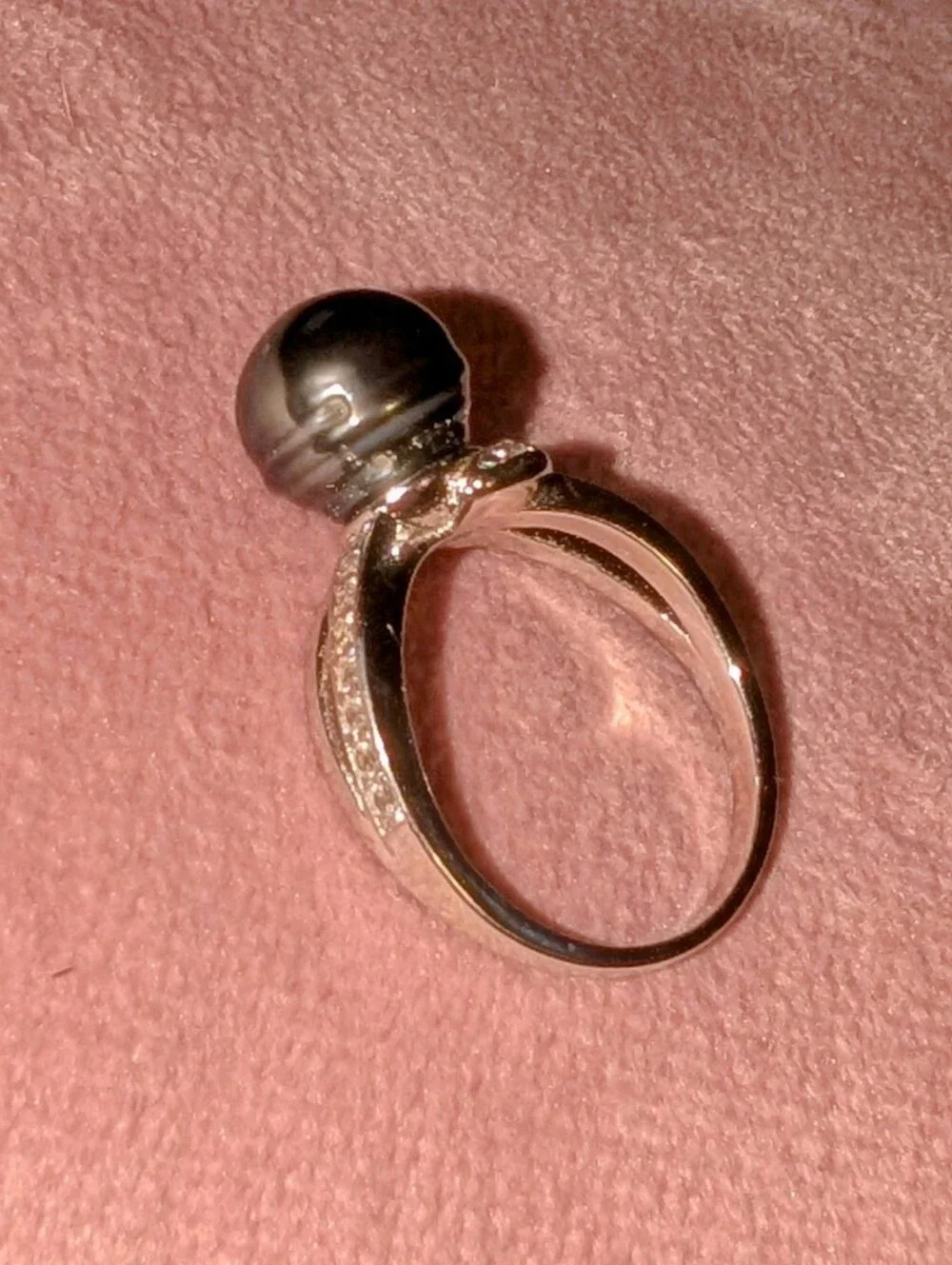 Cultured Black Tahitian Pearl W/ White Zircon Rhodium Over 925 Sterling Ring Sz8
